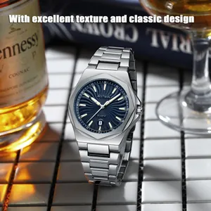 Detailed macro view of BESTWIN silver steel watch with textured blue dial and date display
