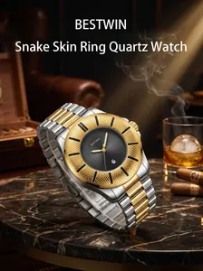 Bestwin men's quartz watch with snake skin bezel and two-tone link bracelet details