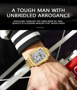 Montre de sport numérique carrée dorée pour homme avec podomètre et acier inox