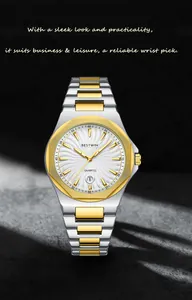 Detailed view of this sleek two-tone men's business watch with an octagonal gold bezel