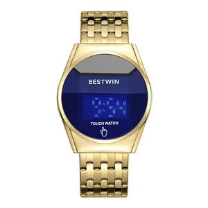 Montre homme luxe or à écran tactile LED avec cadran bleu rond et bracelet métallique