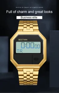 Vorderansicht der Bestwin Herren Digitaluhr in Gold mit achteckigem Business-Design