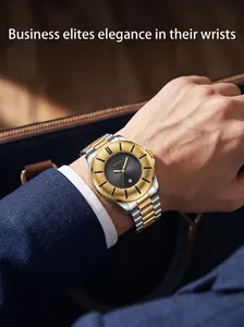 Close-up of BESTWIN quartz watch with textured gold bezel and two-tone steel band