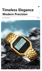 Nahaufnahme einer goldenen quadratischen Digitaluhr auf dunklem Stein
