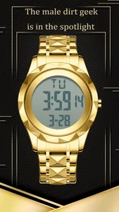 Vue détaillée de la montre de luxe dorée numérique pour homme sur fond noir élégant