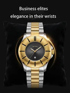 Detail view of BESTWIN luxury men's two-tone quartz watch with textured bezel