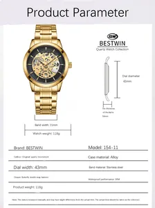 Spécifications techniques pour montre à quartz homme style mécanique avec bracelet doré