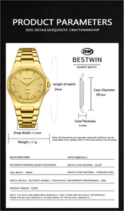 Technical product parameters for BESTWIN gold stainless steel quartz watch with 40mm case diameter