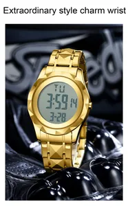 Vue macro d'une montre numérique dorée pour homme avec lunette à facettes de luxe