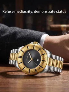 Close-up of BESTWIN men's quartz watch with gold snake-patterned bezel and bi-color strap