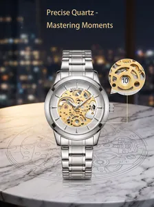 Montre à quartz pour hommes style squelette avec bracelet en acier argenté