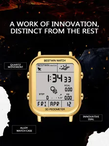 Détail de la montre numérique Bestwin dorée avec podomètre 3D et boîtier en alliage