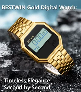 Nahaufnahme der BESTWIN Gold Digitaluhr mit quadratischem Bildschirm und Metallarmband.