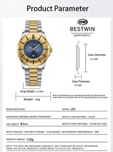 Detailed product parameters for BESTWIN 265 quartz watch with snakeskin dial pattern.