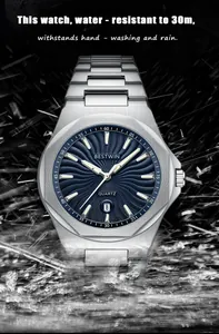 Waterproof men's business quartz watch with blue textured dial and steel band detail