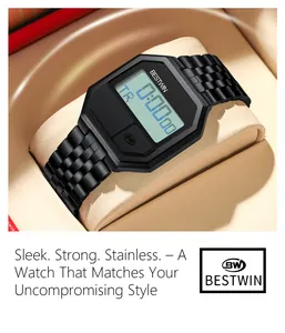 Schlanke schwarze Herren-Digitaluhr aus Edelstahl mit einem klassischen Achteck-Design