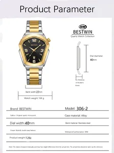 Guide détaillé des paramètres pour montre à quartz BESTWIN pour hommes dorée.