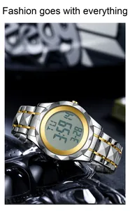 Vue détaillée de la montre numérique bicolore pour homme avec bracelet géométrique