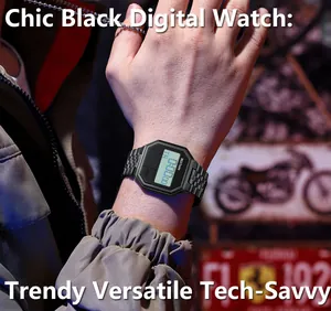 Detaillierte Makroansicht der eleganten schwarzen digitalen Uhr an einem stilvollen Handgelenk