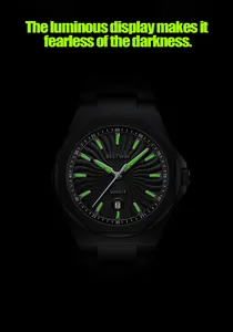 Detailed view of luminous green hands and markers on a black men's quartz watch.