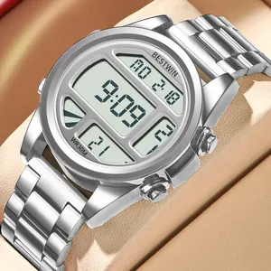 BESTWIN Montre de Sport Numérique pour Homme Étanche Lumineuse Bracelet en Acier Inoxydable Alarme Calendrier Montre Bracelet Électronique Extérieure