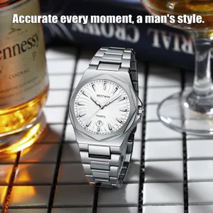Detail view of BESTWIN men's luxury silver quartz watch with white textured dial on white tile