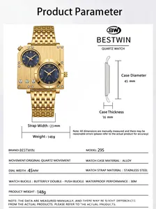 Paramètres techniques et guide des tailles pour montre à quartz BESTWIN carrée dorée