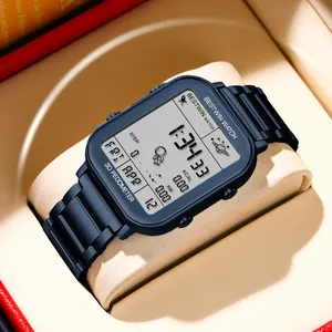Vue détaillée de la montre de sport numérique carrée BESTWIN avec bracelet métal