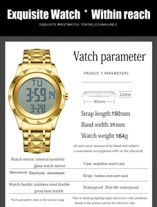 Spécifications détaillées de la montre numérique pour hommes en acier doré avec dimensions