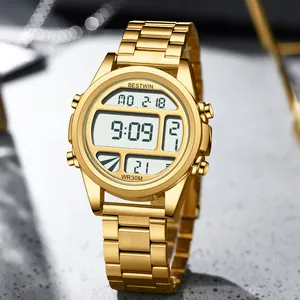 Montre de sport numérique dorée étanche pour homme élégant avec bracelet en métal