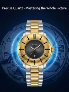 Detailed view of Bestwin men's quartz watch featuring gold snakeskin textured bezel