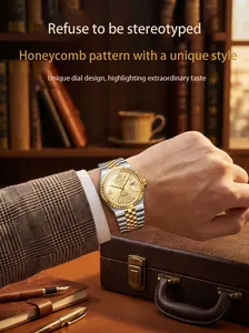 Luxuriöse zweifarbige Business-Uhr für Herren mit einzigartigem goldenen Waben-Zifferblatt
