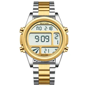 Montre de sport numérique étanche multifonctionnelle pour homme avec bracelet en métal doré