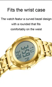 Vue macro d'une montre numérique dorée pour homme avec un design de lunette facetté unique