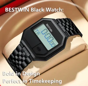 Detailansicht der schwarzen digitalen Quadratuhr von BESTWIN auf einem Kissen
