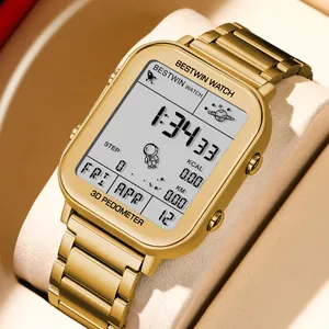 Montre Sport Digitale Carrée pour Hommes Bestwin Podomètre 3D Étanche Bracelet en Acier Inoxydable Verre Minéral Lumineux