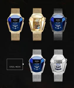 Detailed view of Hoursly snakehead quartz watches with steel mesh straps in various colors