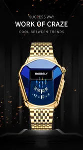 Detail of Hoursly men's gold shield quartz watch with blue faceted glass dial