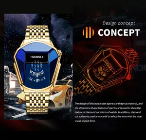Detail view of Hoursly men's watch featuring a unique sports car inspired shield design.