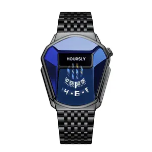 Hoursly heren quartz horloge met unieke blauwe slangenkop wijzerplaat en zwarte stalen band.