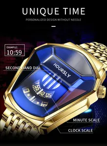 Detail view of the unique Hoursly men's gold snake head quartz watch with blue face