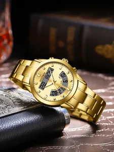 Detailed view of luxury gold men's watch with dual movement and stainless steel strap.