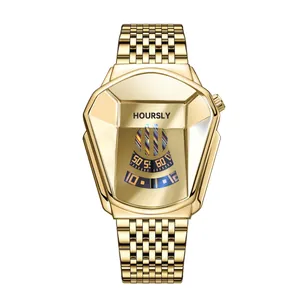 Luxe Hoursly gouden heren quartzhorloge met slangenkop en geometrische wijzerplaat