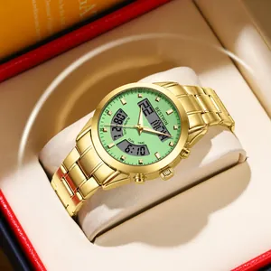 Close-up of gold stainless steel men's watch with green dial and dual movement.