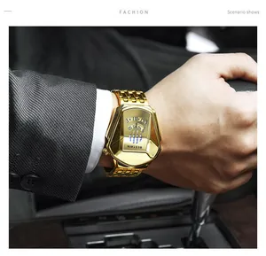 Detailed view of the Bestwin gold-tone rhombus quartz watch for men in driving scenario