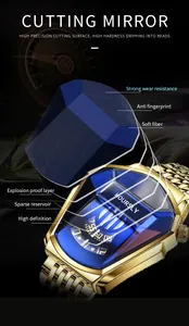Exploded view of the blue crystal cutting mirror on Hoursly men's luxury watch