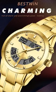 Macro detail of a luxurious gold stainless steel men's watch with dual movement display.