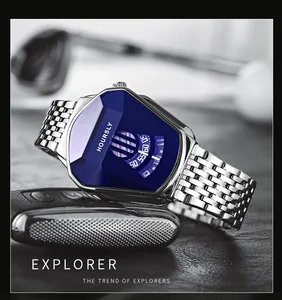 Detail view of the silver Hoursly shield-shaped watch displayed on dark leather texture.