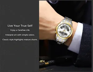 Detailed close-up showing the silver and gold dual movement men's watch on a wrist