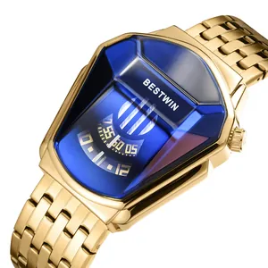 BESTWIN Men's Quartz Watch with Unique Blue Diamond Crystal and Gold Alloy Band